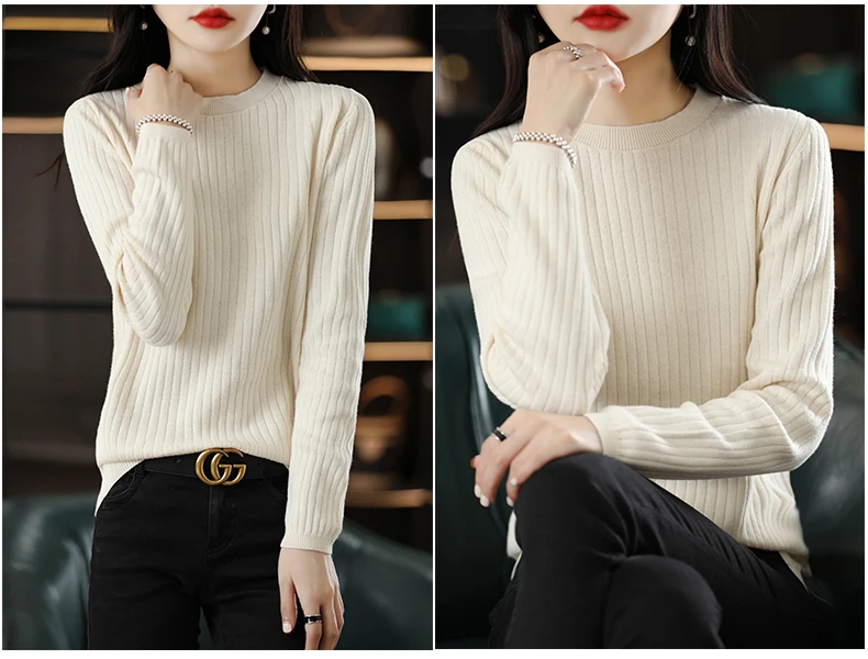 Autumn Winter Women 100% Cotton Sweater O-Neck Pullover Vertical Pit Strip Long Sleeve Knitwear Slim Warm Bottoming Tops
