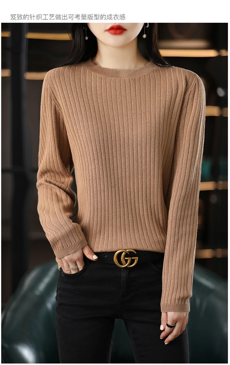 Autumn Winter Women 100% Cotton Sweater O-Neck Pullover Vertical Pit Strip Long Sleeve Knitwear Slim Warm Bottoming Tops