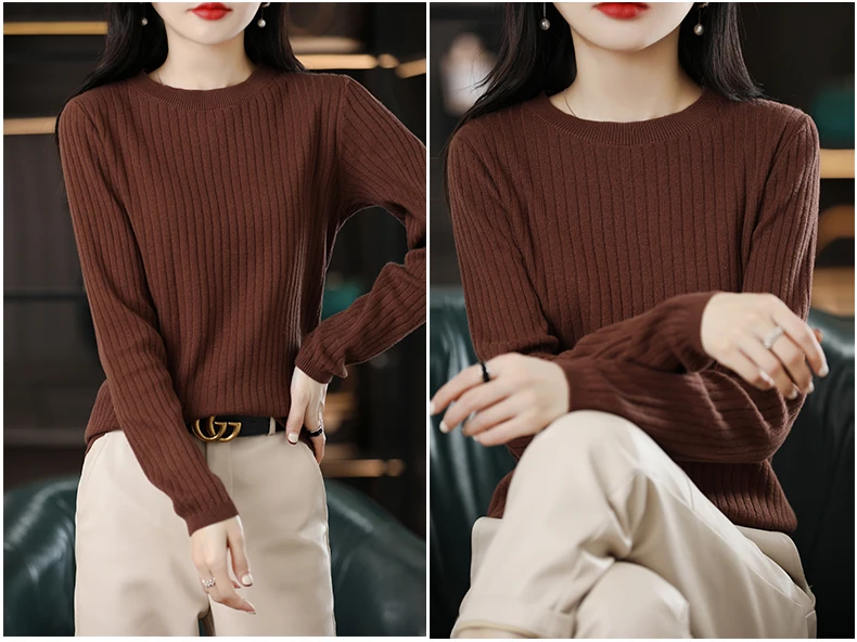 Autumn Winter Women 100% Cotton Sweater O-Neck Pullover Vertical Pit Strip Long Sleeve Knitwear Slim Warm Bottoming Tops