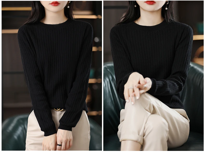 Autumn Winter Women 100% Cotton Sweater O-Neck Pullover Vertical Pit Strip Long Sleeve Knitwear Slim Warm Bottoming Tops