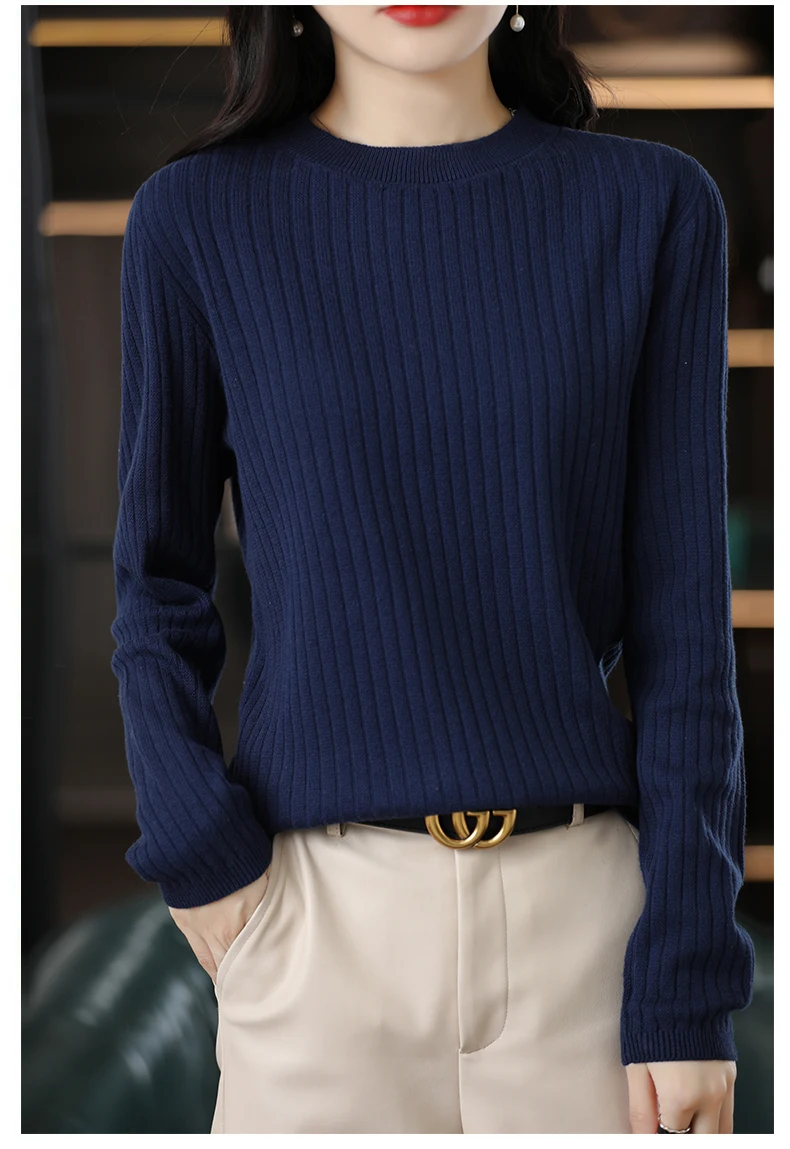 Autumn Winter Women 100% Cotton Sweater O-Neck Pullover Vertical Pit Strip Long Sleeve Knitwear Slim Warm Bottoming Tops