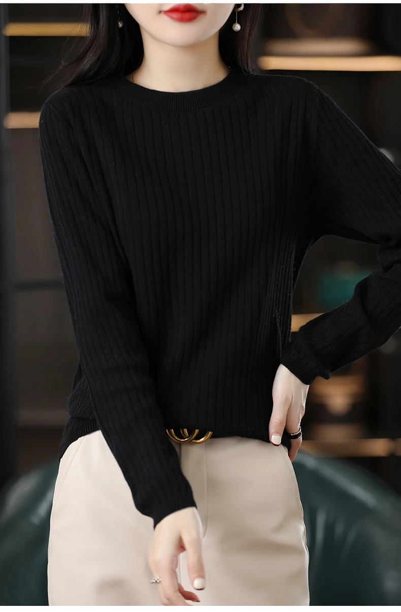 Autumn Winter Women 100% Cotton Sweater O-Neck Pullover Vertical Pit Strip Long Sleeve Knitwear Slim Warm Bottoming Tops