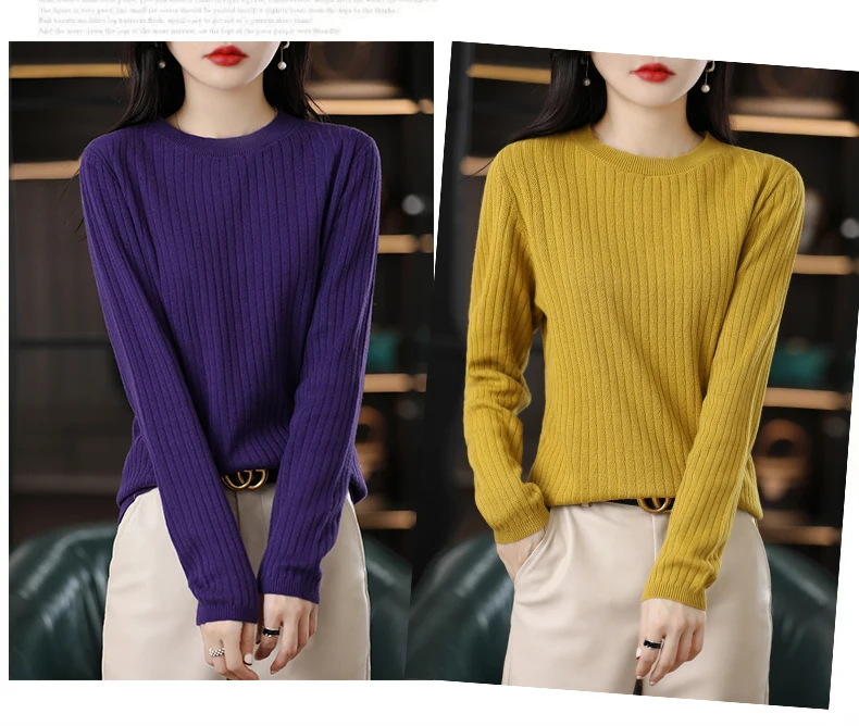 Autumn Winter Women 100% Cotton Sweater O-Neck Pullover Vertical Pit Strip Long Sleeve Knitwear Slim Warm Bottoming Tops