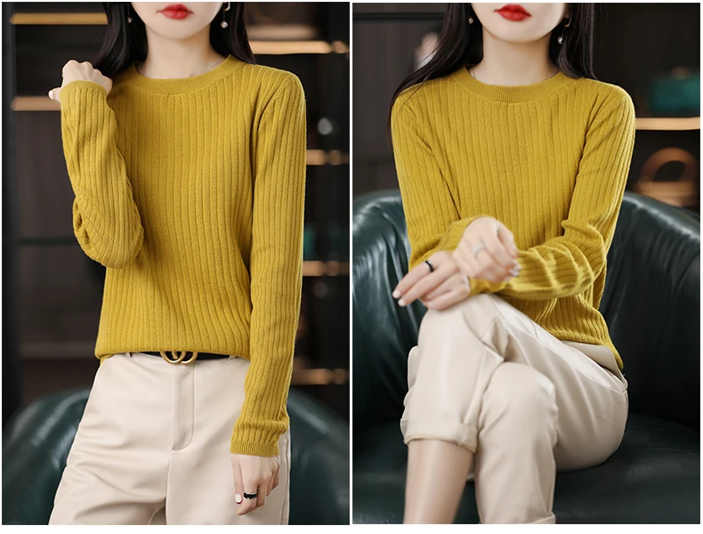 Autumn Winter Women 100% Cotton Sweater O-Neck Pullover Vertical Pit Strip Long Sleeve Knitwear Slim Warm Bottoming Tops
