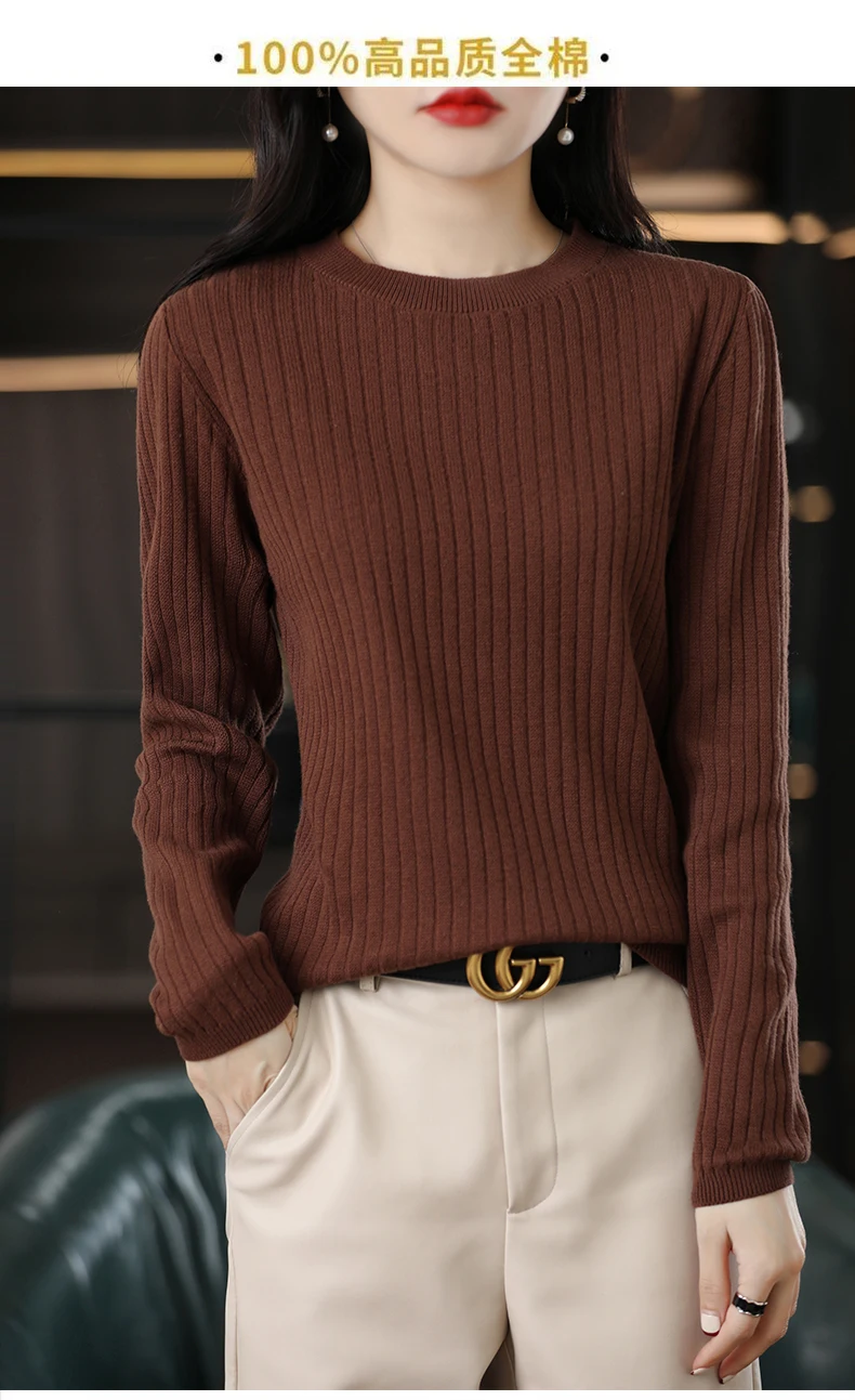 Autumn Winter Women 100% Cotton Sweater O-Neck Pullover Vertical Pit Strip Long Sleeve Knitwear Slim Warm Bottoming Tops