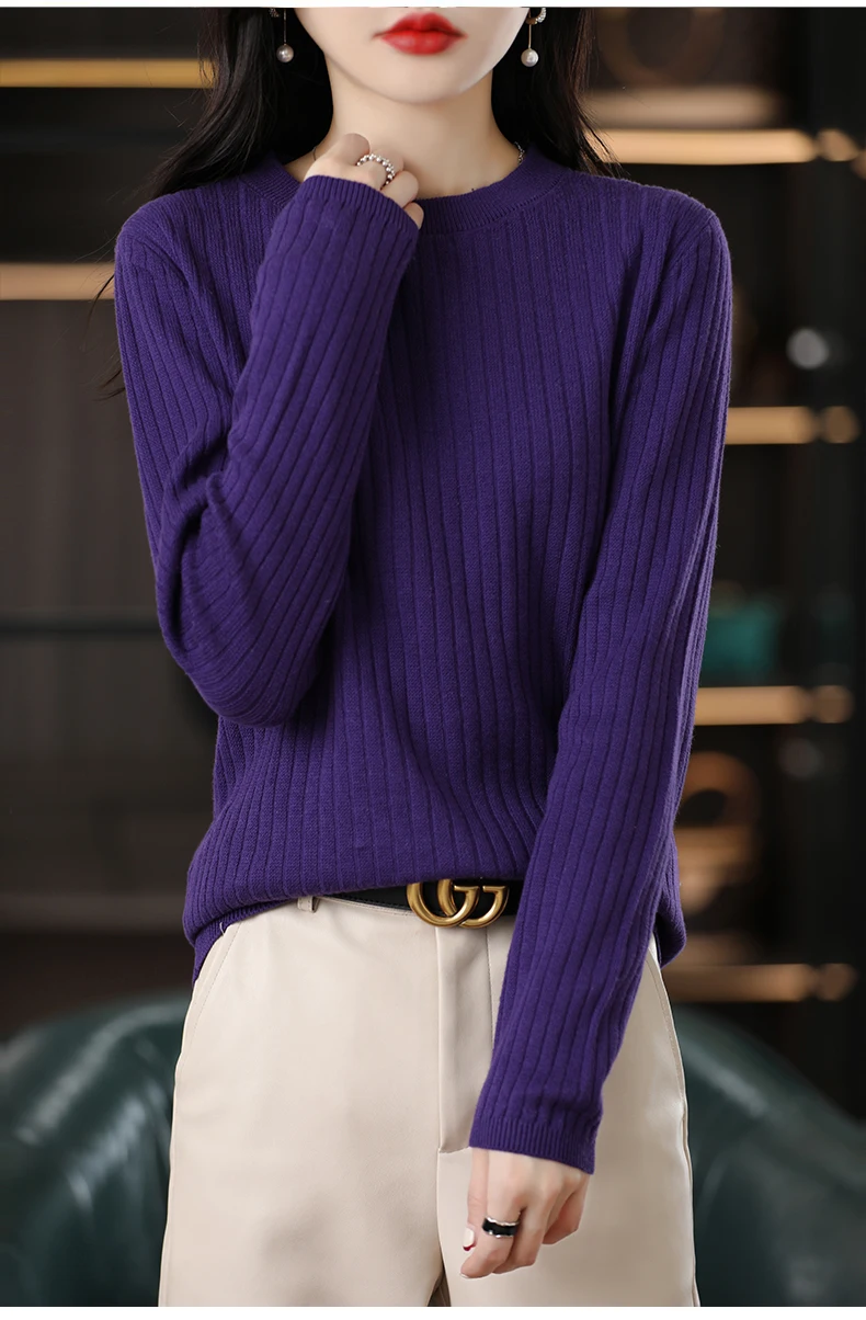 Autumn Winter Women 100% Cotton Sweater O-Neck Pullover Vertical Pit Strip Long Sleeve Knitwear Slim Warm Bottoming Tops
