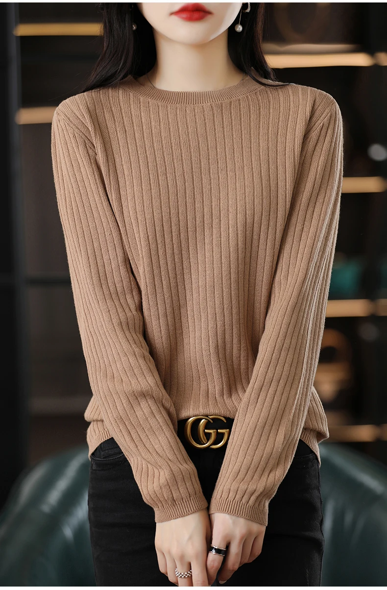 Autumn Winter Women 100% Cotton Sweater O-Neck Pullover Vertical Pit Strip Long Sleeve Knitwear Slim Warm Bottoming Tops