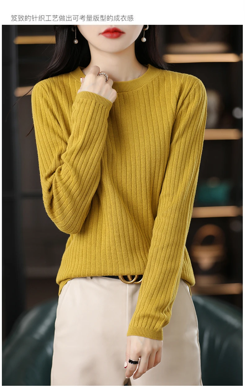 Autumn Winter Women 100% Cotton Sweater O-Neck Pullover Vertical Pit Strip Long Sleeve Knitwear Slim Warm Bottoming Tops