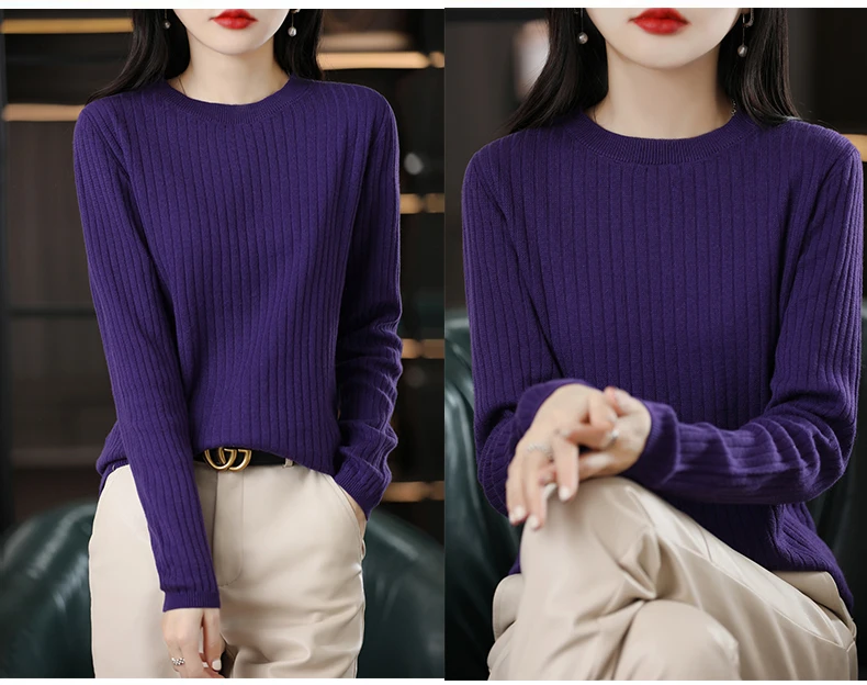 Autumn Winter Women 100% Cotton Sweater O-Neck Pullover Vertical Pit Strip Long Sleeve Knitwear Slim Warm Bottoming Tops