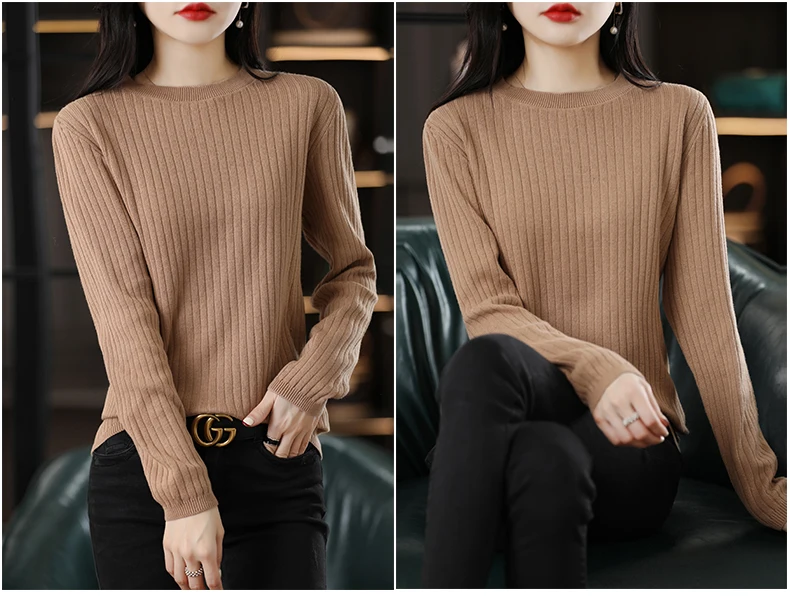 Autumn Winter Women 100% Cotton Sweater O-Neck Pullover Vertical Pit Strip Long Sleeve Knitwear Slim Warm Bottoming Tops