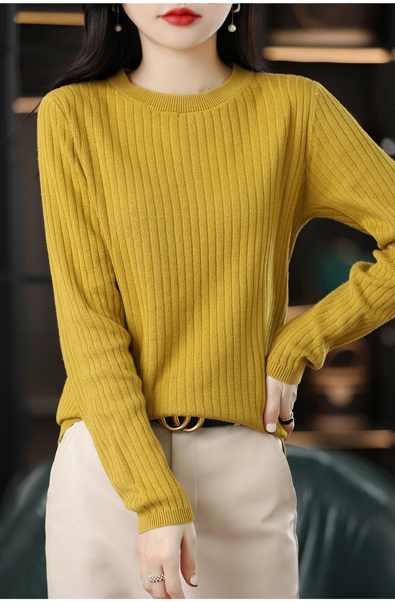 Autumn Winter Women 100% Cotton Sweater O-Neck Pullover Vertical Pit Strip Long Sleeve Knitwear Slim Warm Bottoming Tops