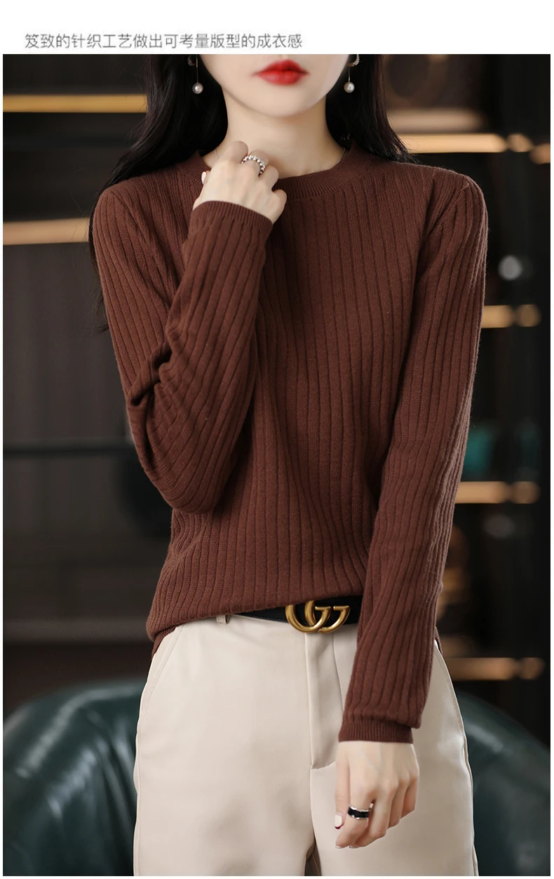 Autumn Winter Women 100% Cotton Sweater O-Neck Pullover Vertical Pit Strip Long Sleeve Knitwear Slim Warm Bottoming Tops