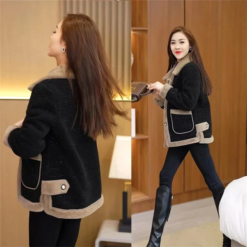 Women's Winter New Lamb Wool Jacket Fashion Woolen Jacket 2024 Spring Female's Fur Outwear Slimming and Plush Thickened Coat 6XL