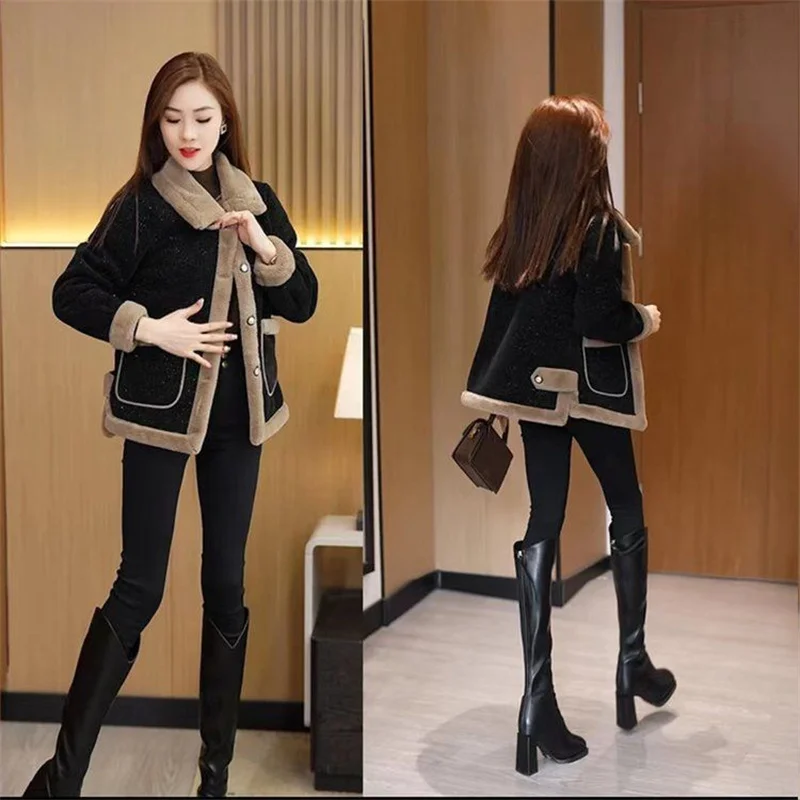 Women's Winter New Lamb Wool Jacket Fashion Woolen Jacket 2024 Spring Female's Fur Outwear Slimming and Plush Thickened Coat 6XL