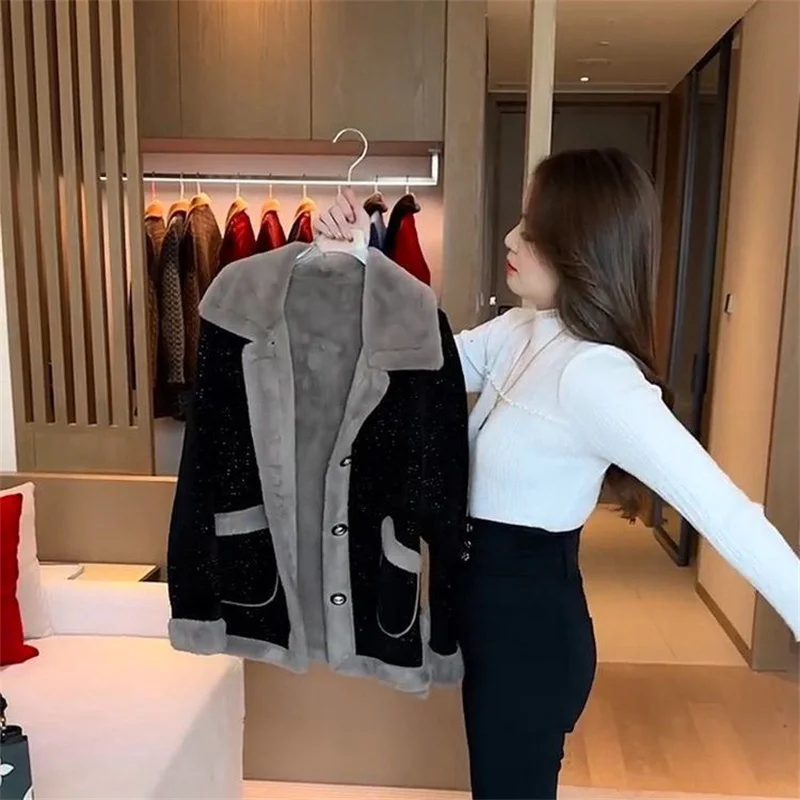 Women's Winter New Lamb Wool Jacket Fashion Woolen Jacket 2024 Spring Female's Fur Outwear Slimming and Plush Thickened Coat 6XL