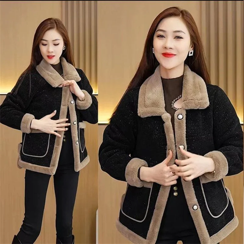 Women's Winter New Lamb Wool Jacket Fashion Woolen Jacket 2024 Spring Female's Fur Outwear Slimming and Plush Thickened Coat 6XL