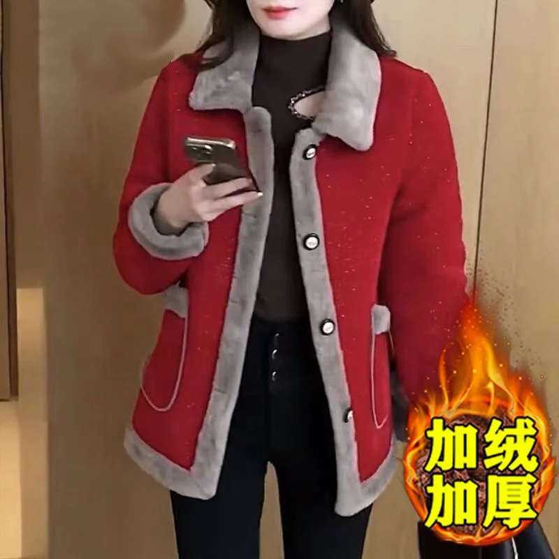 Women's Winter New Lamb Wool Jacket Fashion Woolen Jacket 2024 Spring Female's Fur Outwear Slimming and Plush Thickened Coat 6XL