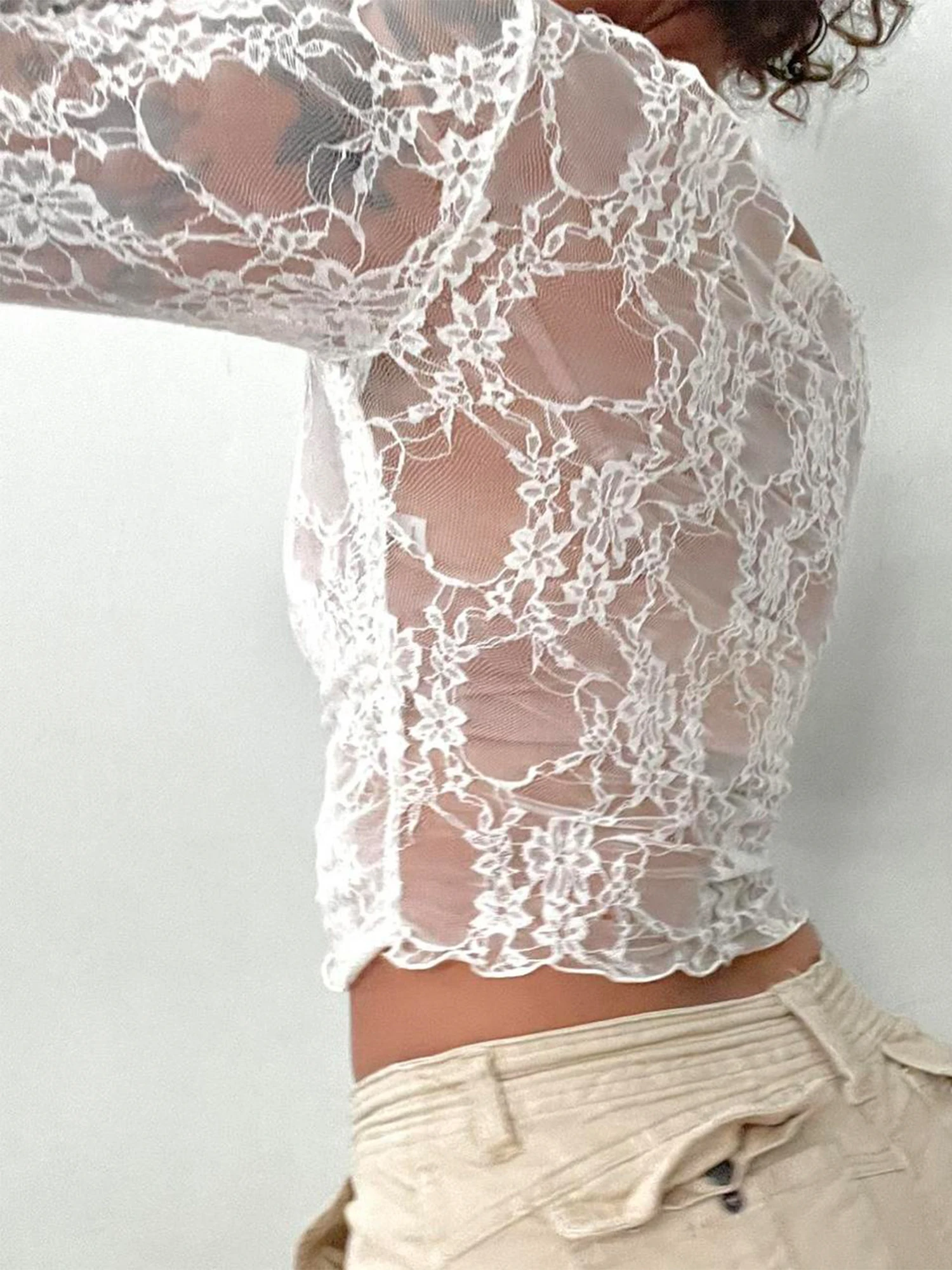 Sexy Women Lace Mesh Sheer Crop Tops Long Sleeve See Through T Shirt Going Out Tops Slim Fit Cover Up Blouse Top