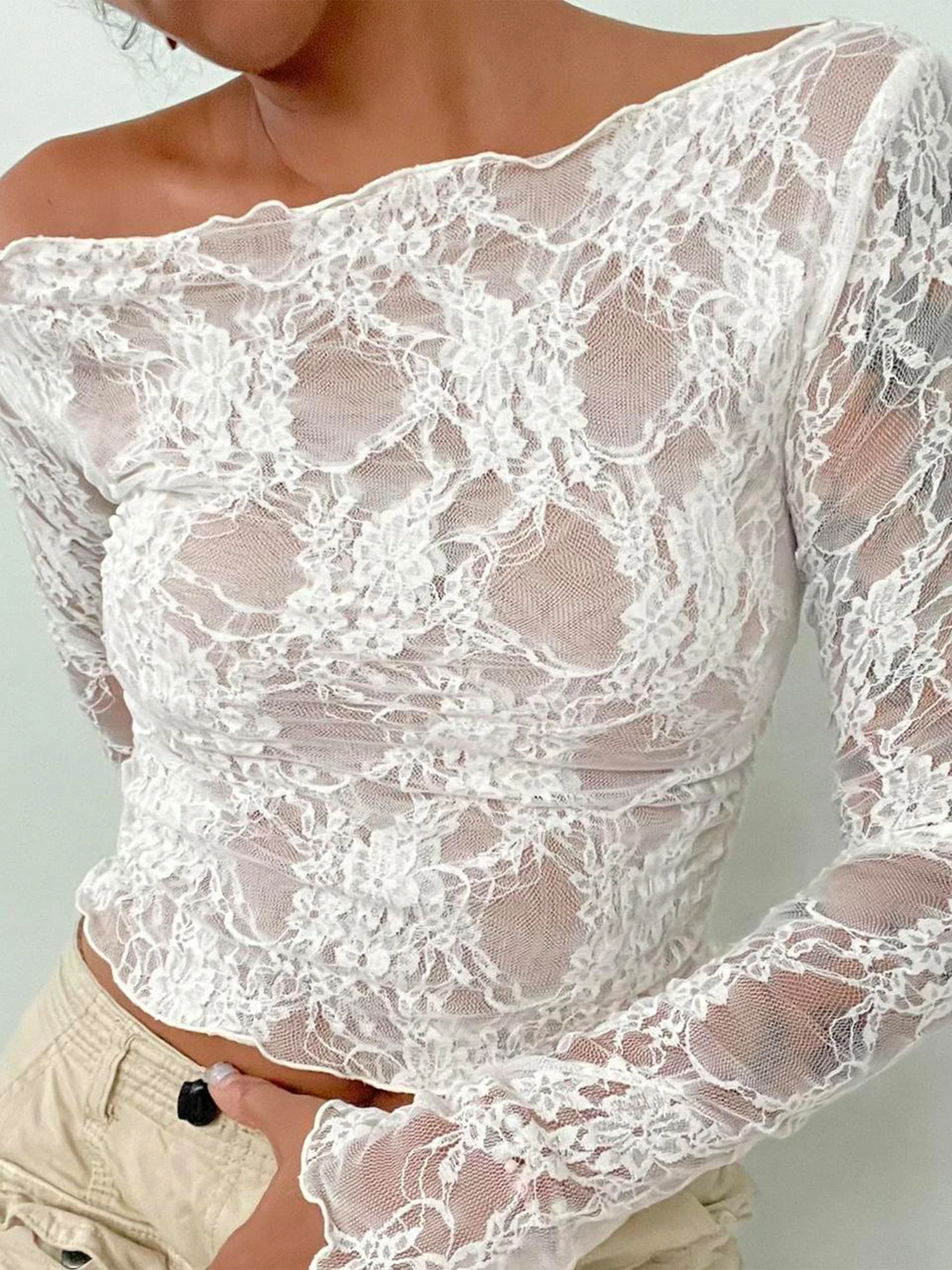 Sexy Women Lace Mesh Sheer Crop Tops Long Sleeve See Through T Shirt Going Out Tops Slim Fit Cover Up Blouse Top