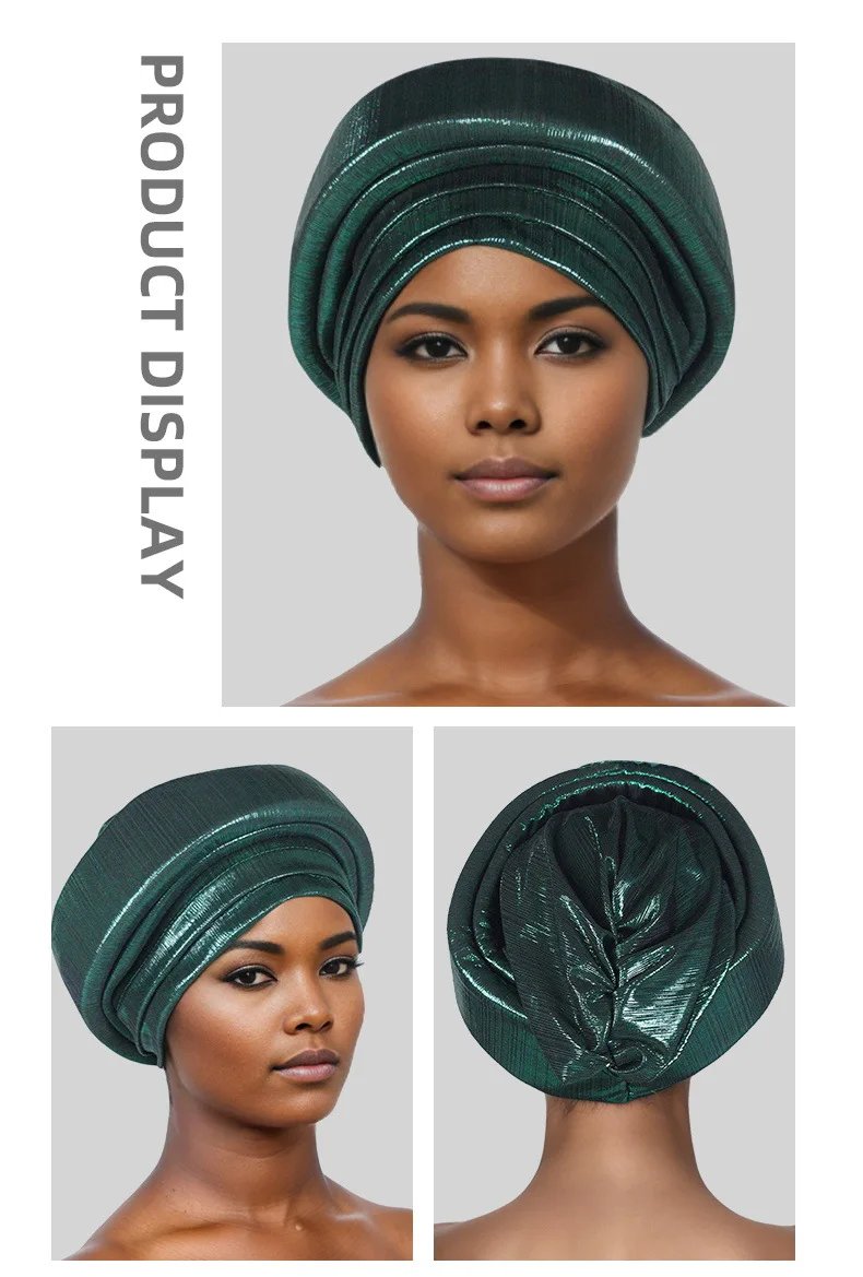 Glitter Fabric Turban Cap for Women African Pleated Head Wraps Nigeria Party Wedding Gele Lady Headscarf Bonnet