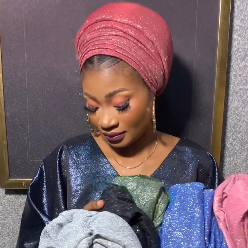 Glitter Fabric Turban Cap for Women African Pleated Head Wraps Nigeria Party Wedding Gele Lady Headscarf Bonnet