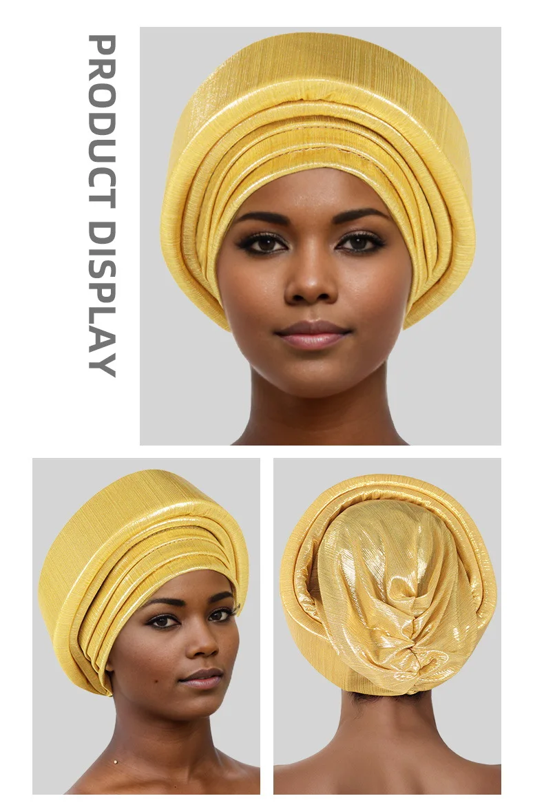 Glitter Fabric Turban Cap for Women African Pleated Head Wraps Nigeria Party Wedding Gele Lady Headscarf Bonnet