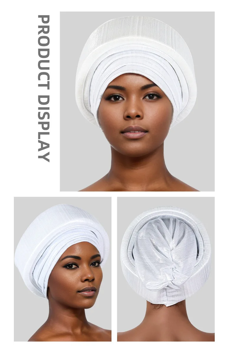 Glitter Fabric Turban Cap for Women African Pleated Head Wraps Nigeria Party Wedding Gele Lady Headscarf Bonnet