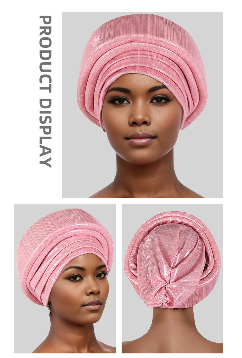 Glitter Fabric Turban Cap for Women African Pleated Head Wraps Nigeria Party Wedding Gele Lady Headscarf Bonnet