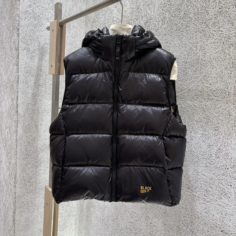 Schinteon Women White Duck Down Vest with Hood Casual Over Size Autumn Winter Warm Loose Thick Bright Black Sleeveless Jacket