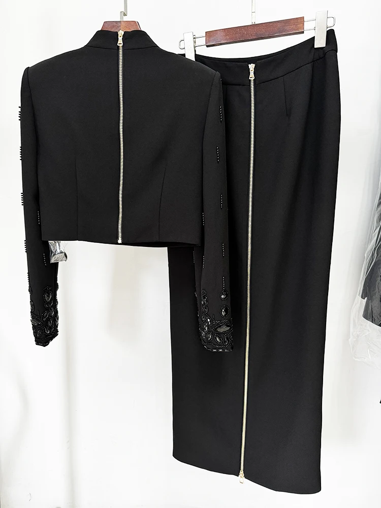 HIGH STREET Newest 2026 Designer Runway Suit Set Women's Stand Collar Zip Back Cropped Tops Long Skirt Set 2pcs