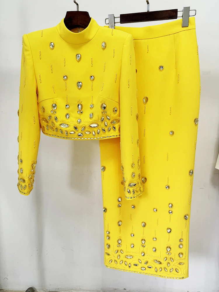 HIGH STREET Newest 2026 Designer Runway Suit Set Women's Stand Collar Zip Back Cropped Tops Long Skirt Set 2pcs