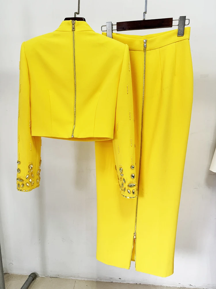 HIGH STREET Newest 2026 Designer Runway Suit Set Women's Stand Collar Zip Back Cropped Tops Long Skirt Set 2pcs