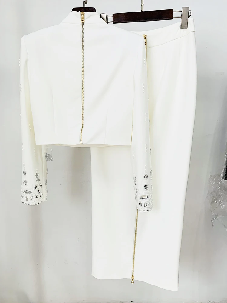 HIGH STREET Newest 2026 Designer Runway Suit Set Women's Stand Collar Zip Back Cropped Tops Long Skirt Set 2pcs
