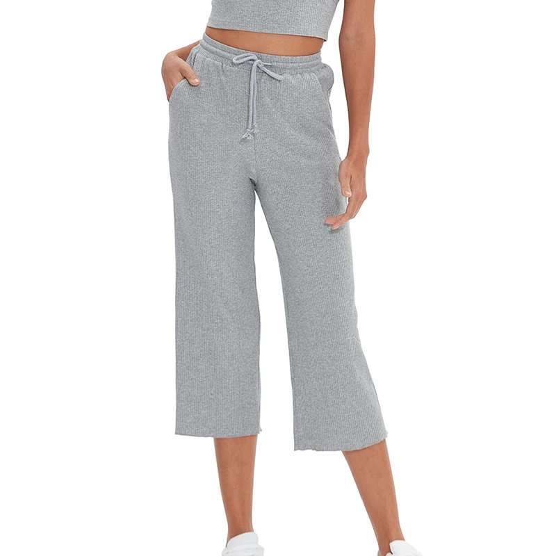 Knitted 94% Cotton Women's Pants Casual Loose Elastic High Waist Wide Leg Trousers With Pockets Sweatpants Pantalones De Mujer