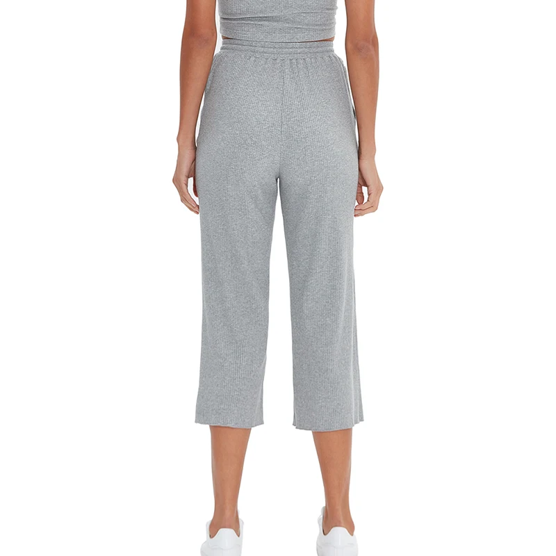 Knitted 94% Cotton Women's Pants Casual Loose Elastic High Waist Wide Leg Trousers With Pockets Sweatpants Pantalones De Mujer