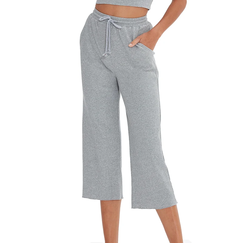 Knitted 94% Cotton Women's Pants Casual Loose Elastic High Waist Wide Leg Trousers With Pockets Sweatpants Pantalones De Mujer
