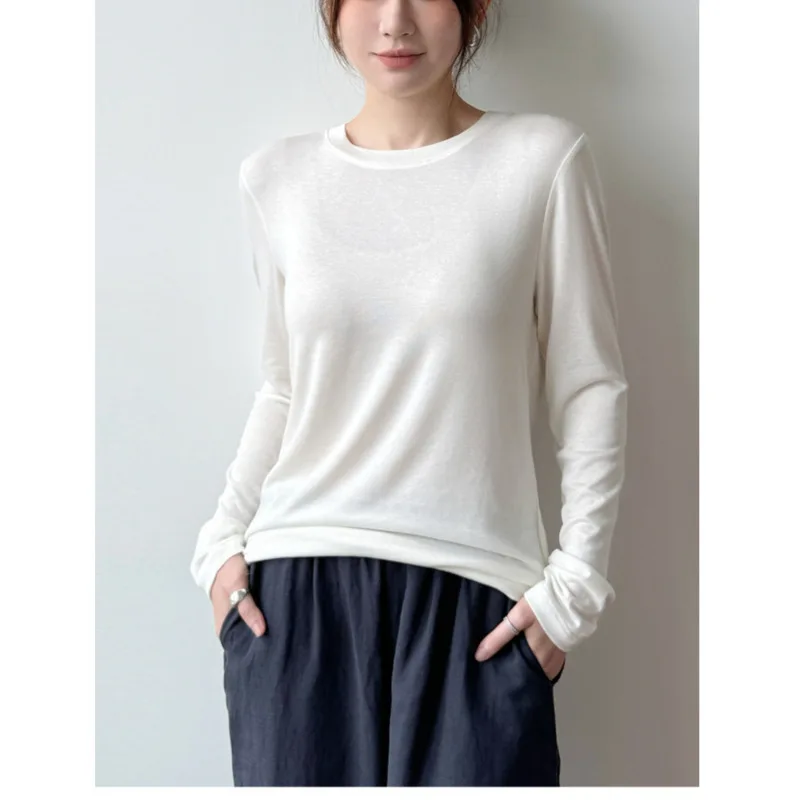 Women's Acetate Soft Long Sleeve T-shirt Spring Autumn Round Neck Thin Basic High Elasticity Tops