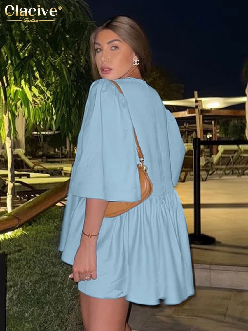 Clacive Summer Loose Blue Cotton Shorts Set 2 Piece Woman 2025 Fashion Short Sleeve Shirt With High Waist Shorts Set Streetwear