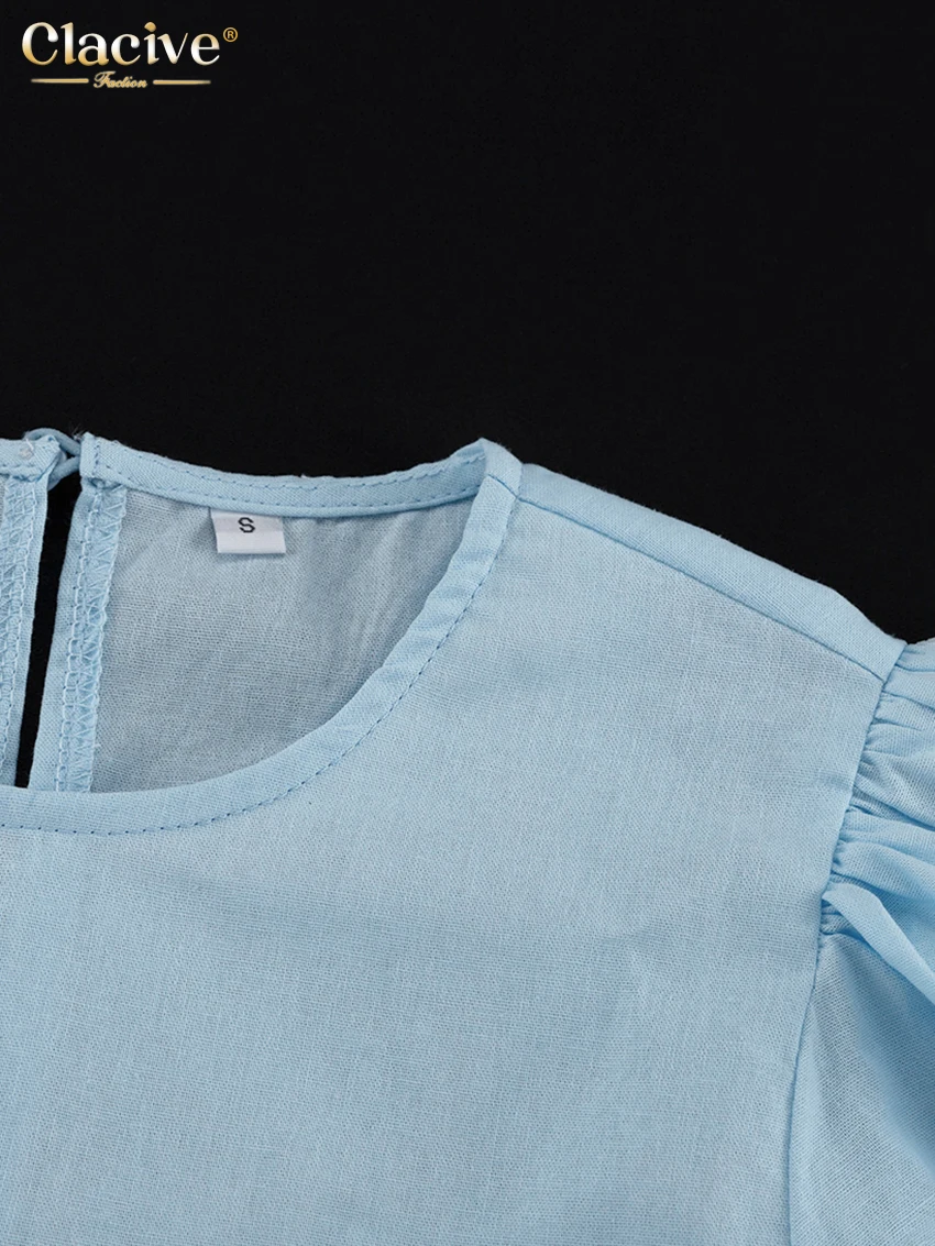 Clacive Summer Loose Blue Cotton Shorts Set 2 Piece Woman 2025 Fashion Short Sleeve Shirt With High Waist Shorts Set Streetwear