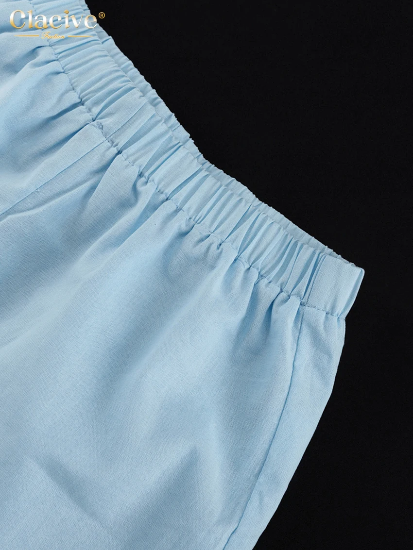 Clacive Summer Loose Blue Cotton Shorts Set 2 Piece Woman 2025 Fashion Short Sleeve Shirt With High Waist Shorts Set Streetwear