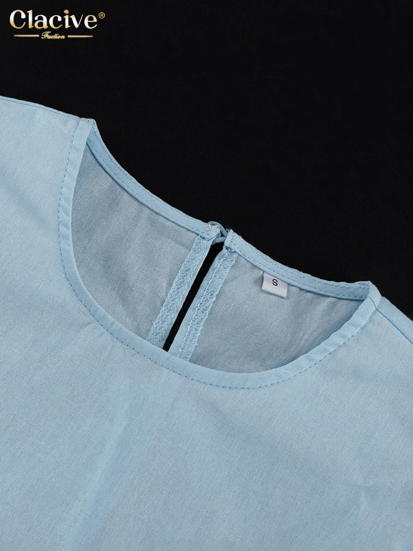 Clacive Summer Loose Blue Cotton Shorts Set 2 Piece Woman 2025 Fashion Short Sleeve Shirt With High Waist Shorts Set Streetwear