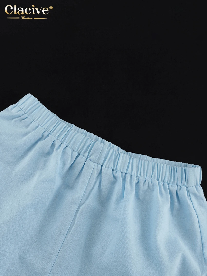Clacive Summer Loose Blue Cotton Shorts Set 2 Piece Woman 2025 Fashion Short Sleeve Shirt With High Waist Shorts Set Streetwear