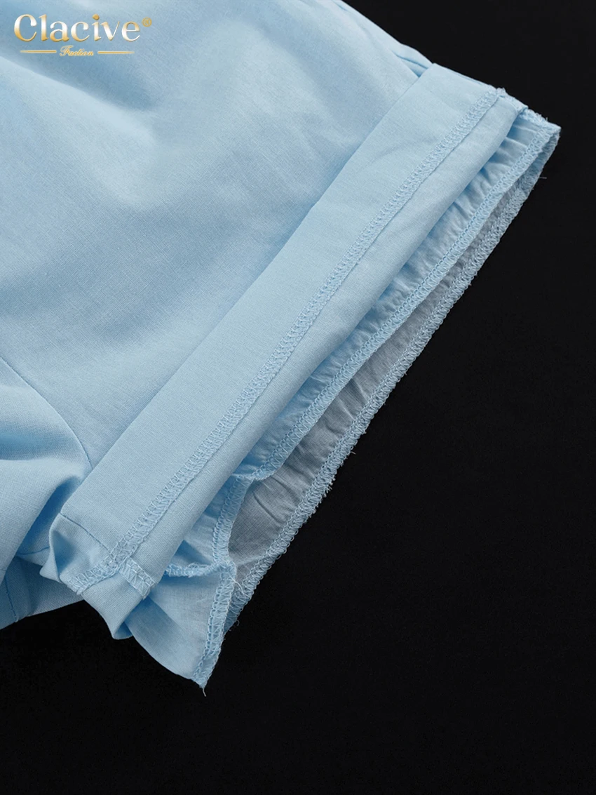 Clacive Summer Loose Blue Cotton Shorts Set 2 Piece Woman 2025 Fashion Short Sleeve Shirt With High Waist Shorts Set Streetwear
