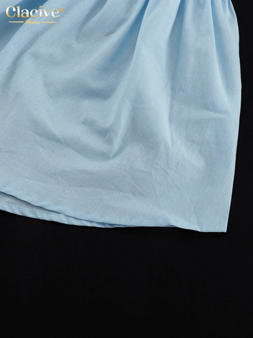 Clacive Summer Loose Blue Cotton Shorts Set 2 Piece Woman 2025 Fashion Short Sleeve Shirt With High Waist Shorts Set Streetwear