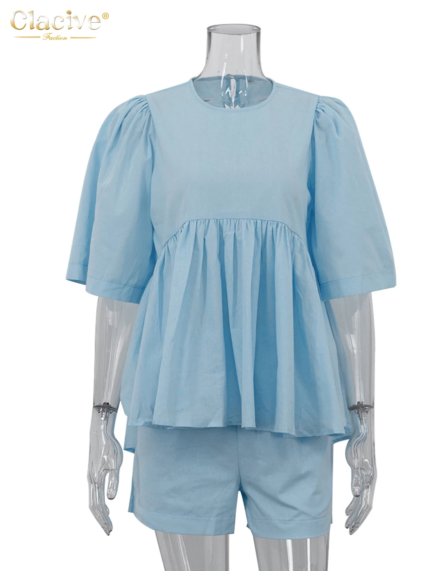 Clacive Summer Loose Blue Cotton Shorts Set 2 Piece Woman 2025 Fashion Short Sleeve Shirt With High Waist Shorts Set Streetwear