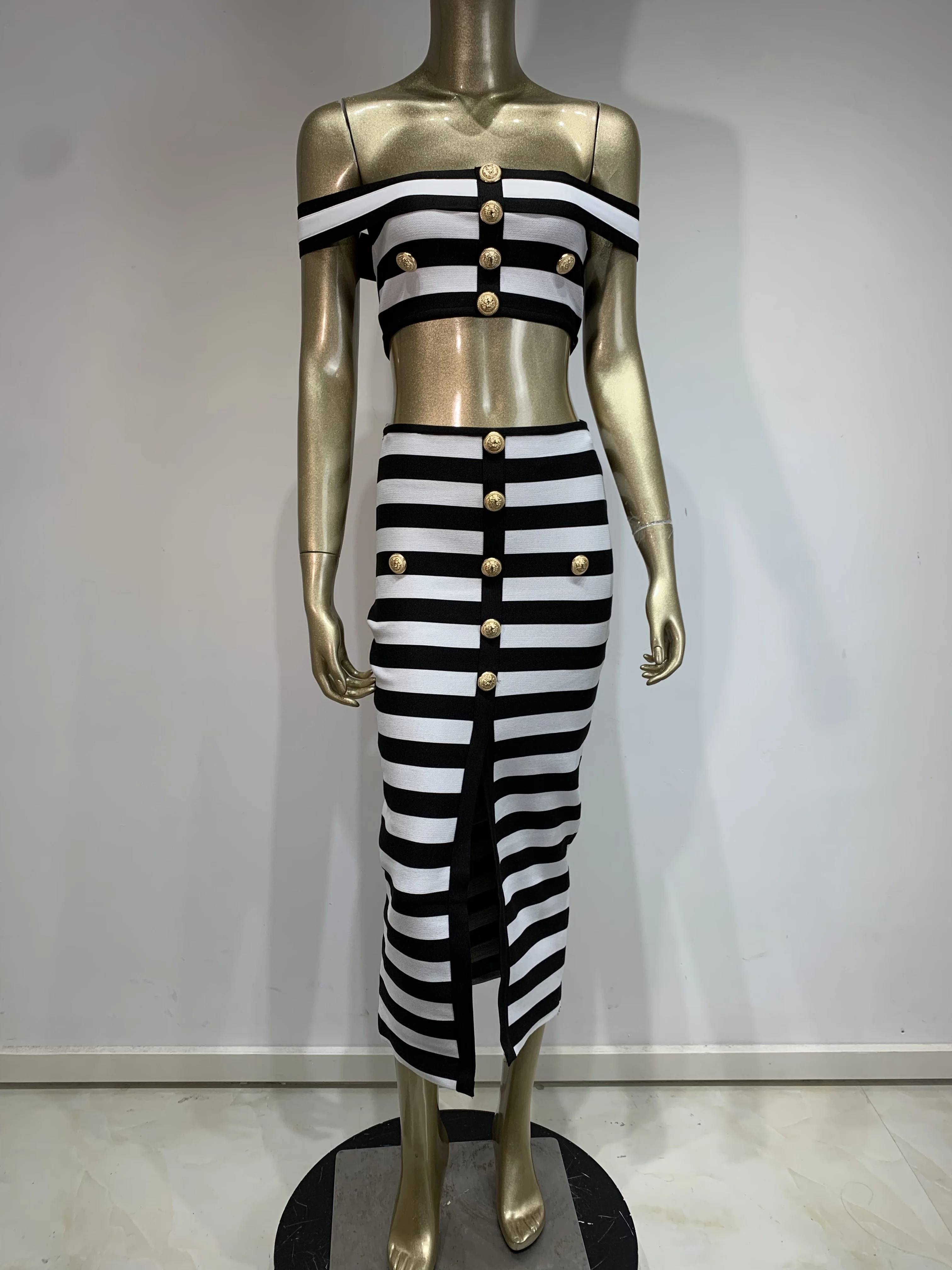 2024 New Women Sexy Slash Neck Striped 2 Pieces Bodycon Bandage Mid-calf Dress Fashion Celebrate Office Lady Elegant Wear
