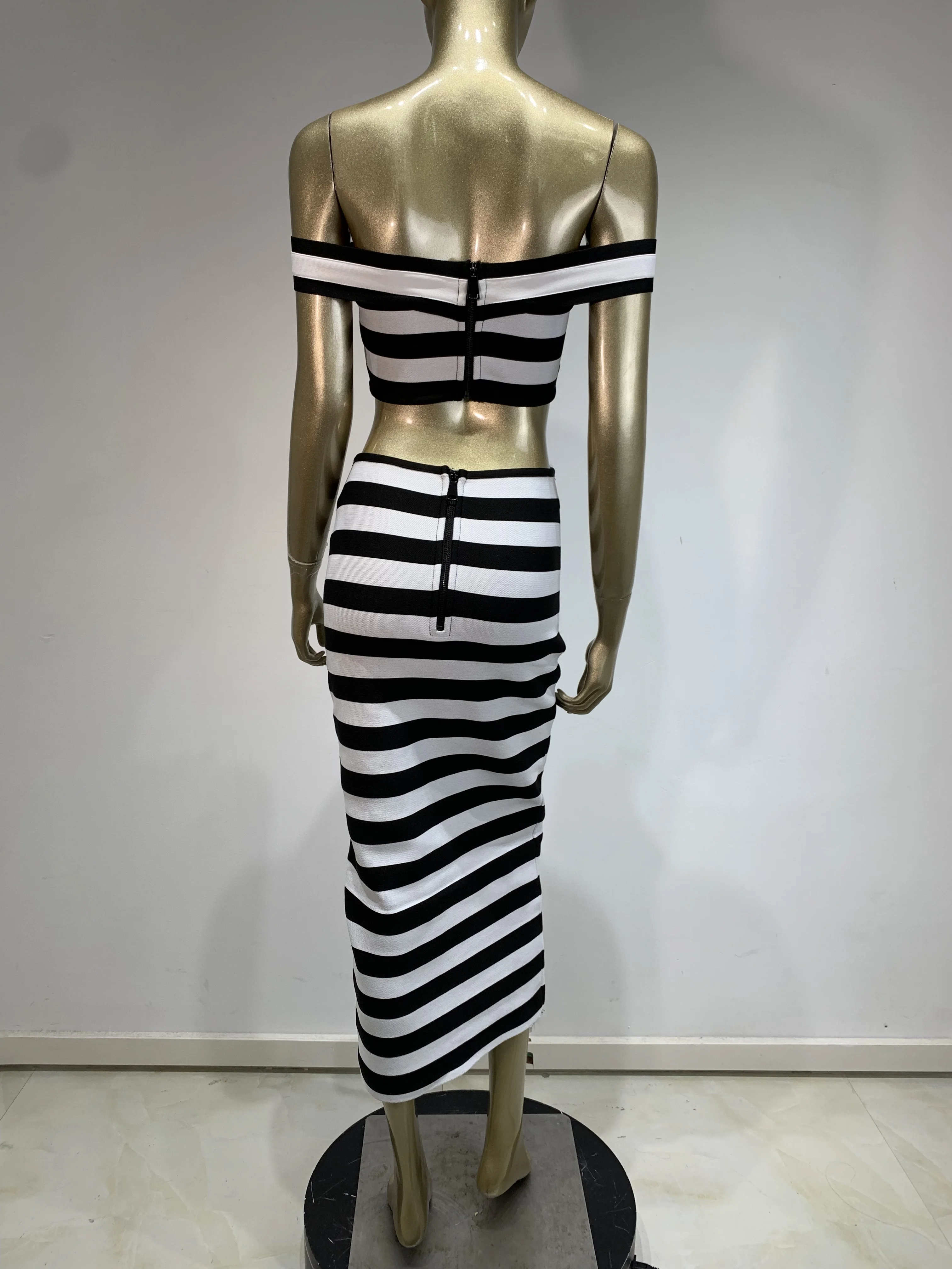 2024 New Women Sexy Slash Neck Striped 2 Pieces Bodycon Bandage Mid-calf Dress Fashion Celebrate Office Lady Elegant Wear