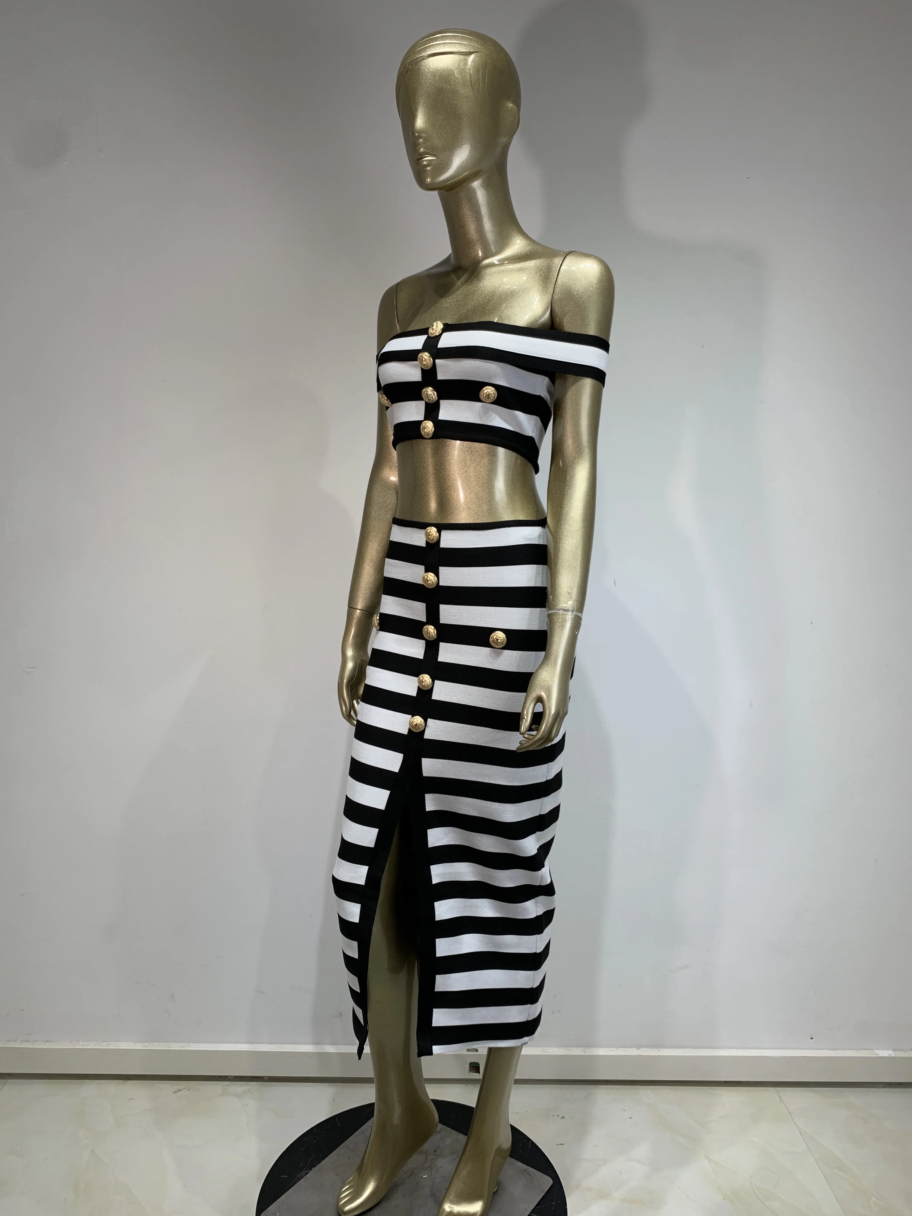 2024 New Women Sexy Slash Neck Striped 2 Pieces Bodycon Bandage Mid-calf Dress Fashion Celebrate Office Lady Elegant Wear