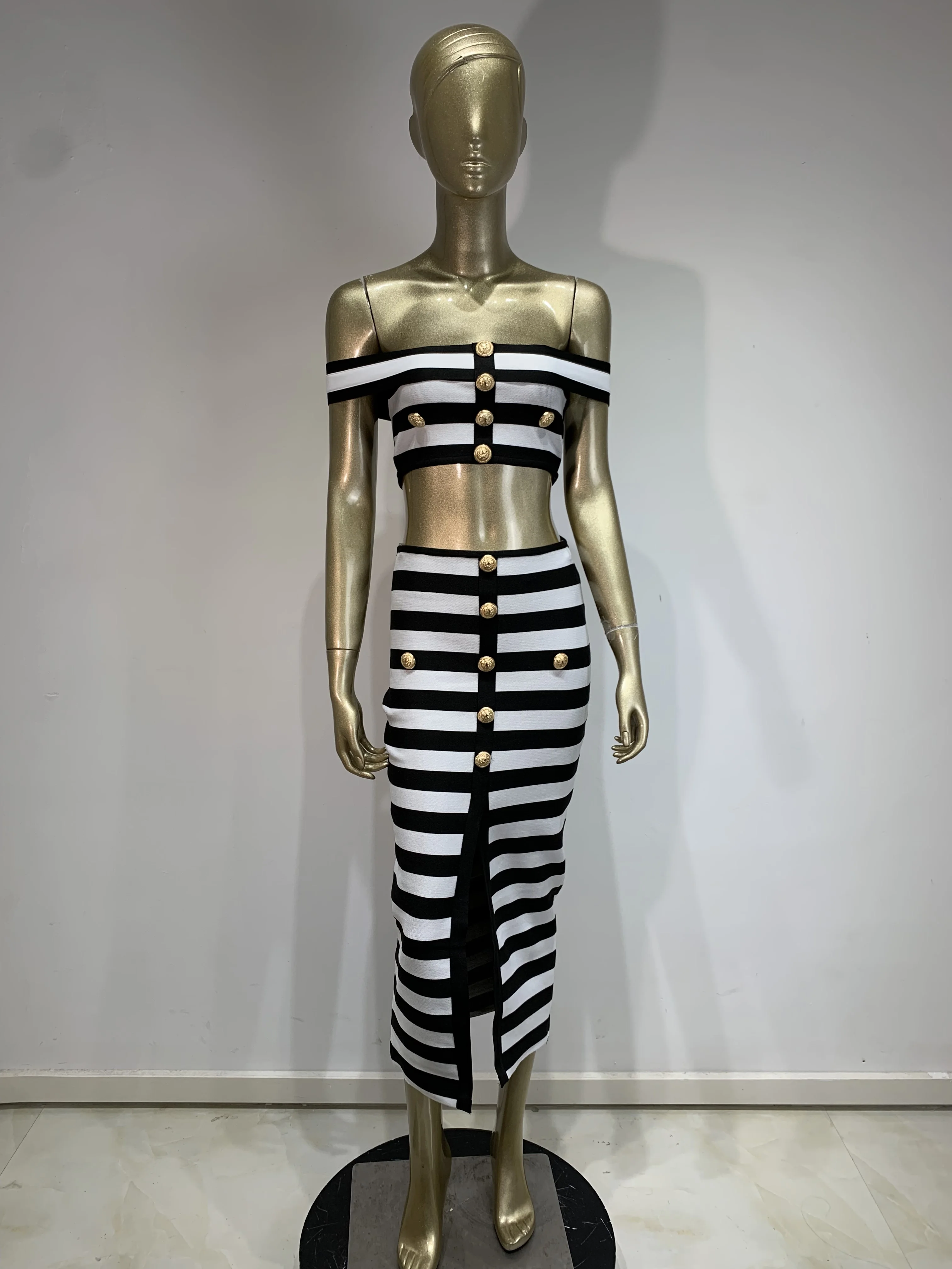 2024 New Women Sexy Slash Neck Striped 2 Pieces Bodycon Bandage Mid-calf Dress Fashion Celebrate Office Lady Elegant Wear