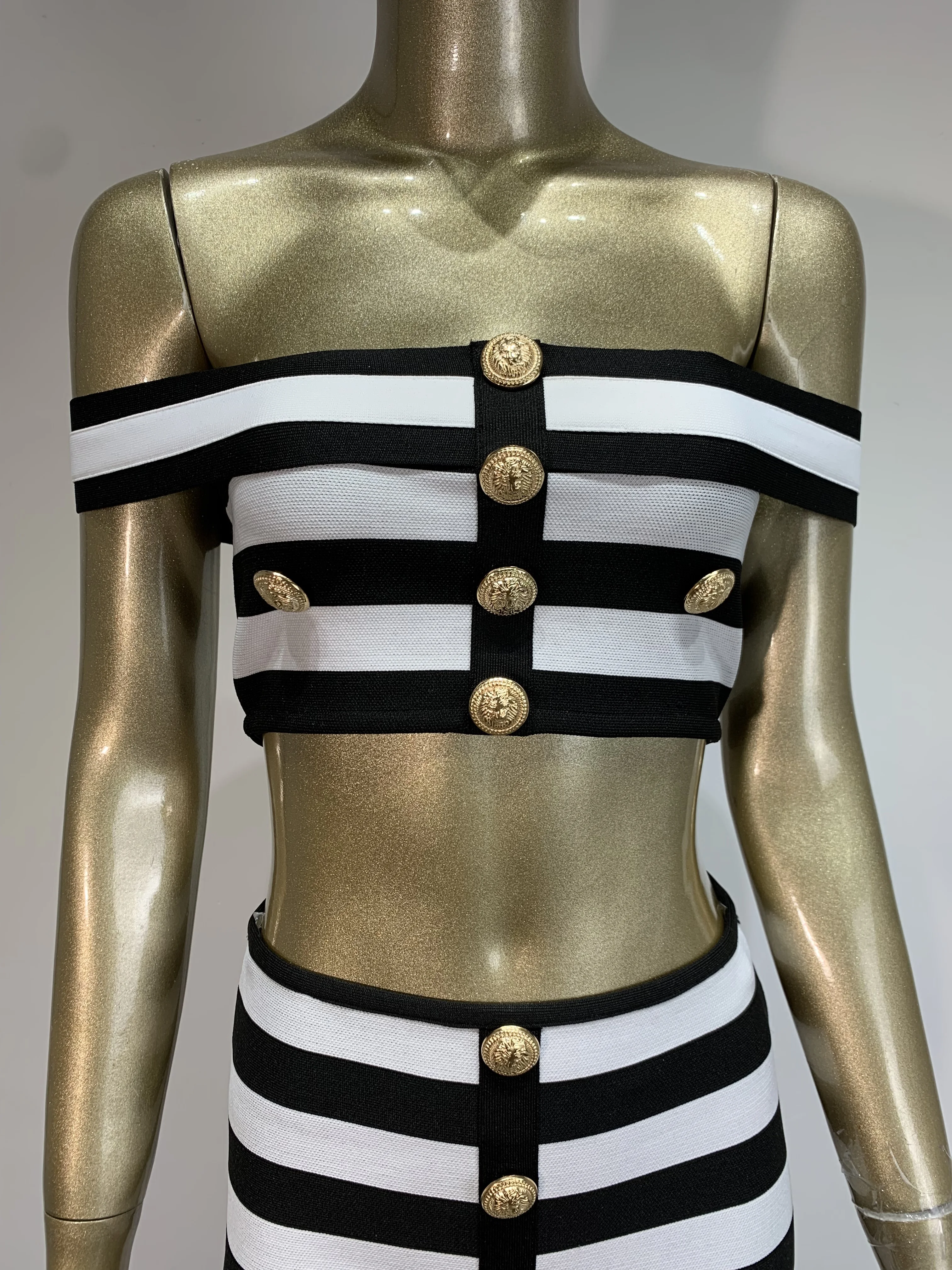 2024 New Women Sexy Slash Neck Striped 2 Pieces Bodycon Bandage Mid-calf Dress Fashion Celebrate Office Lady Elegant Wear